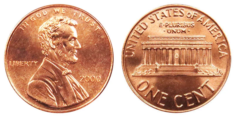 2000 Lincoln Memorial penny obverse and reverse showing Lincoln portrait and Lincoln Memorial building