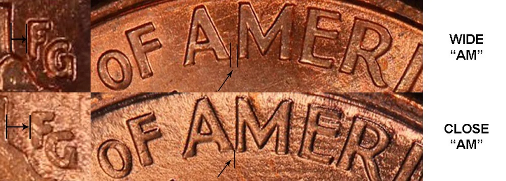 2000 penny Wide AM vs Close AM comparison showing gap between A and M in AMERICA on the reverse