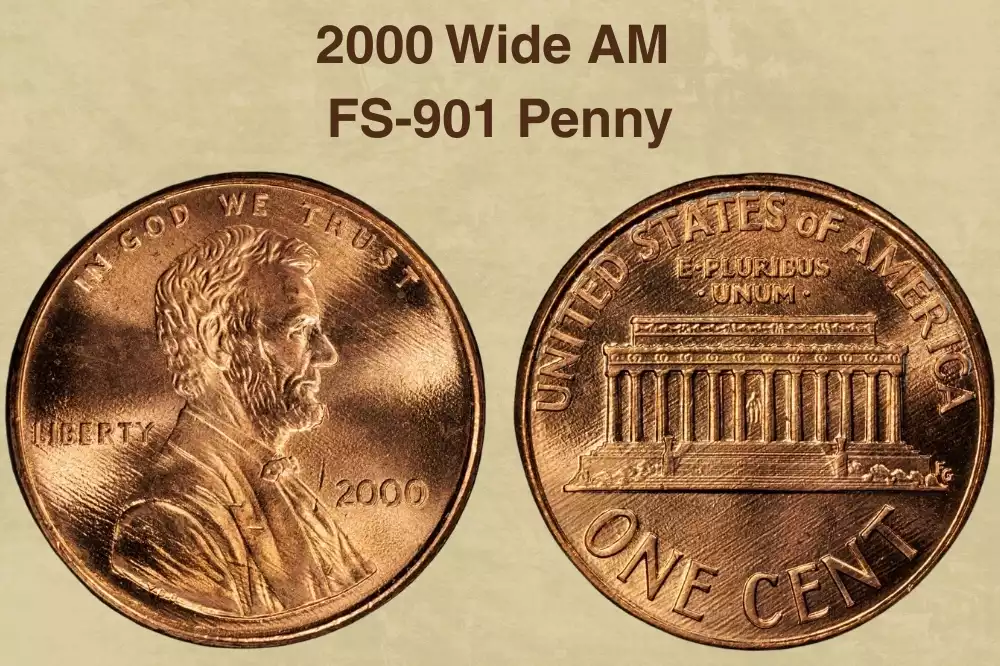 2000 Wide AM penny reverse close-up showing visible gap between A and M letters in AMERICA indicating the FS-901 variety