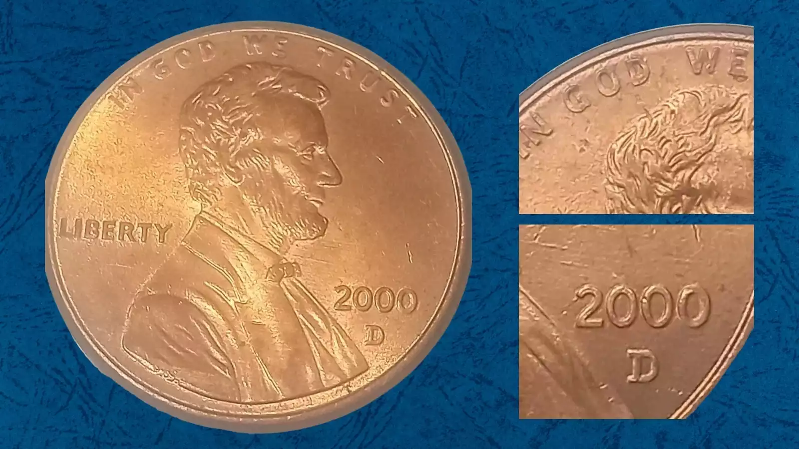 2000 penny doubled die obverse showing doubling effect on LIBERTY lettering and Lincoln portrait details