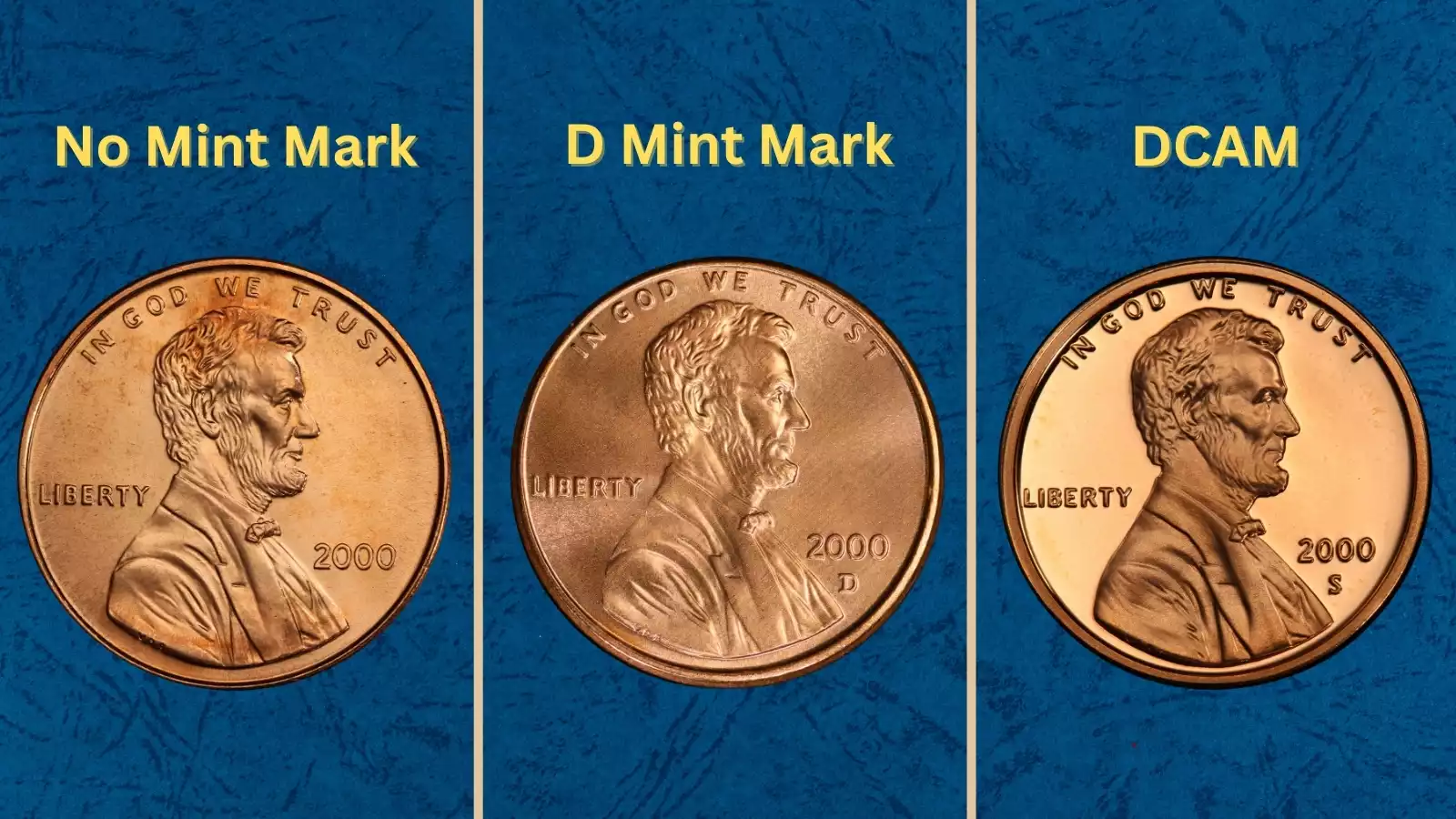 Mint facility or group of 2000 Lincoln cents showing various grades and luster levels from bright red to brown