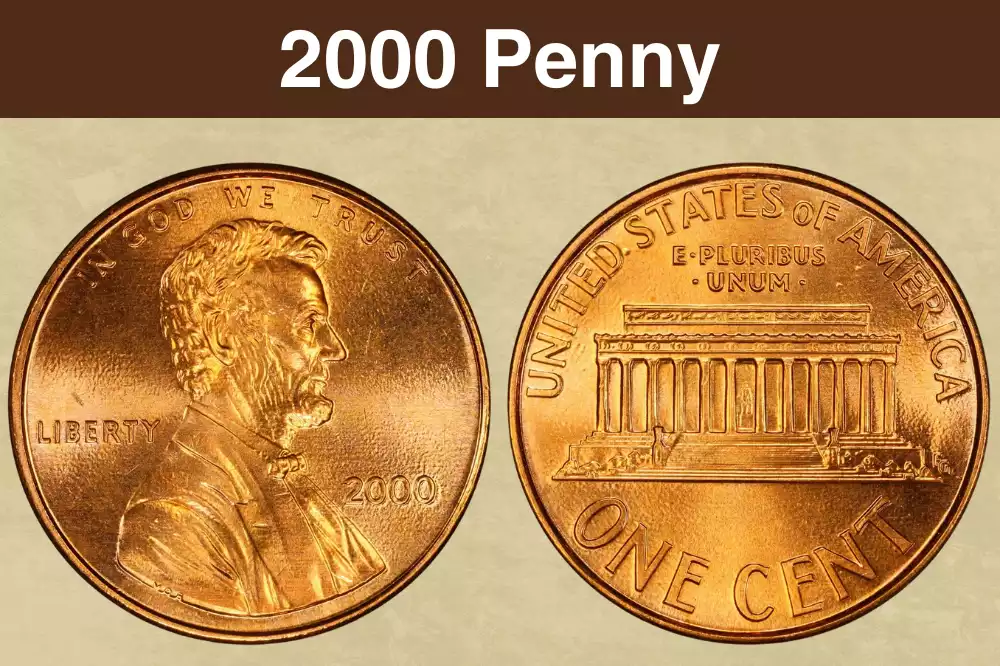 2000 penny grading strip showing four condition tiers from worn to gem uncirculated with visible differences in surface detail and luster